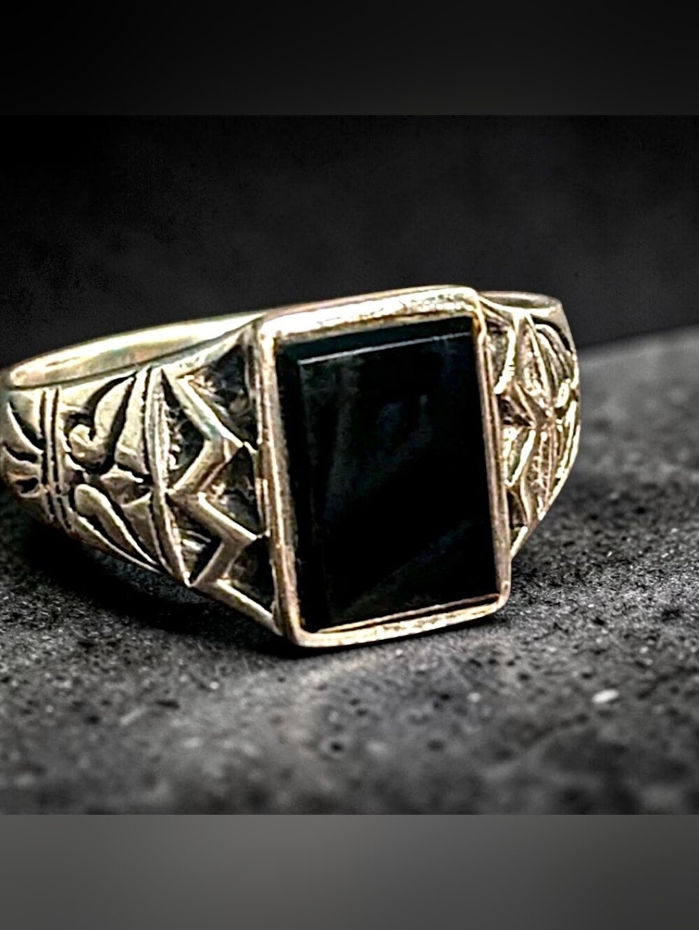 Vintage 925 Sterling Silver Natural Black Onyx Gemstone Signet Ring Size 10